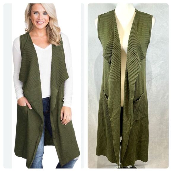 Olive green ribbed knit long line cardigan sweater vest with pockets size large - Picture 1 of 9